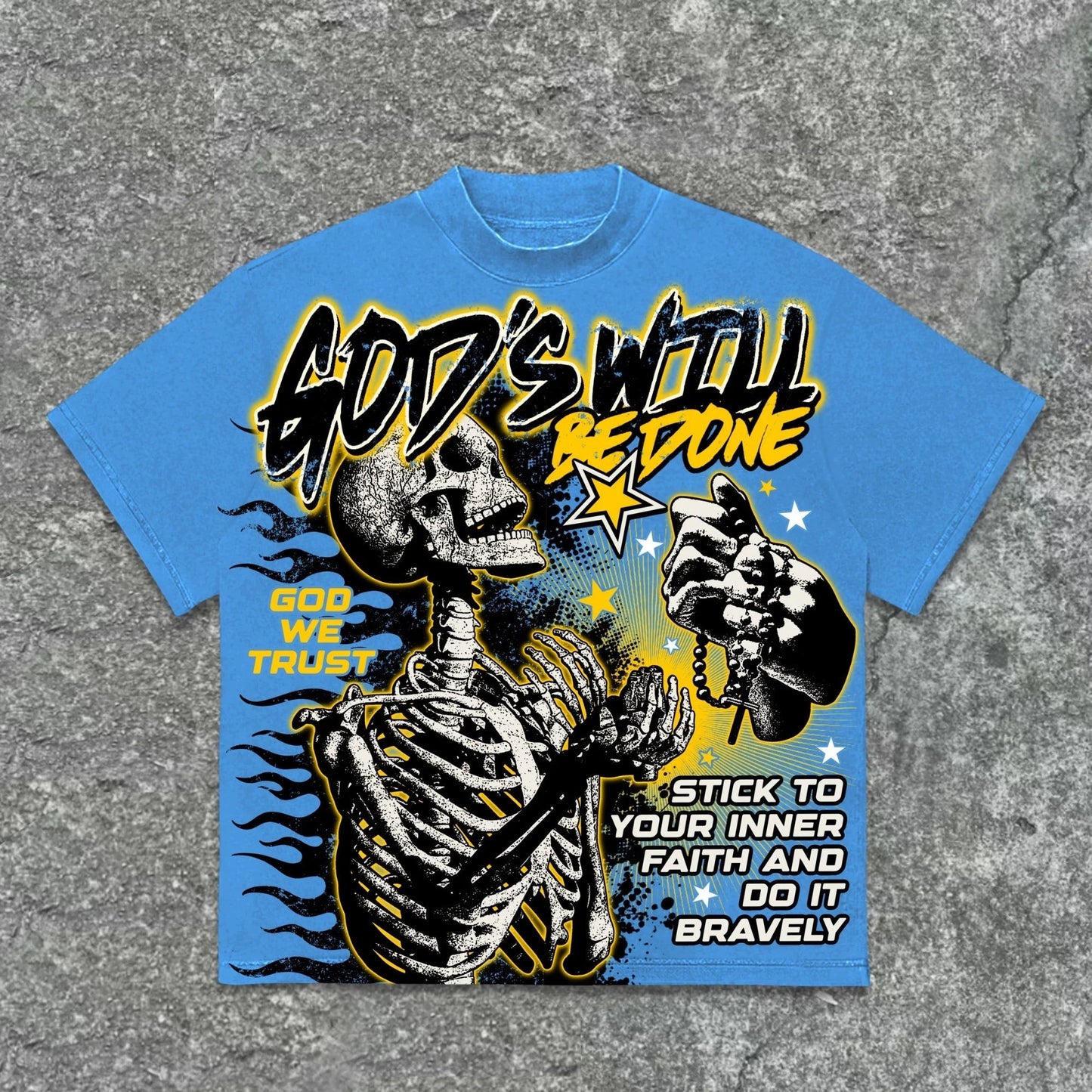 Kliff Clothing NYC blue cotton graphic t-shirt with skeleton praying and text "God's Will Be Done".