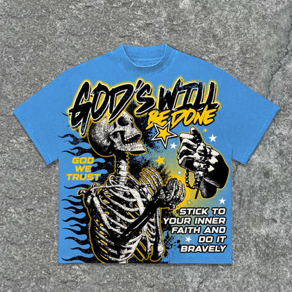 Kliff Clothing NYC blue cotton graphic t-shirt with skeleton praying and text "God's Will Be Done".