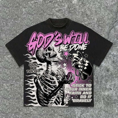 Kliff Clothing NYC black cotton unisex graphic t-shirt with skeleton, pink text "GOD'S WILL BE DONE", and inspirational quotes.