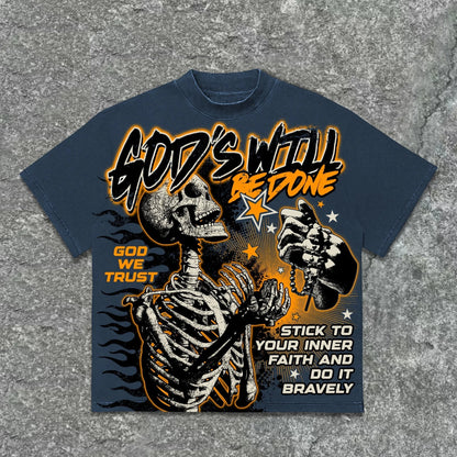 Kliff Clothing NYC navy blue cotton graphic t-shirt with skeleton, rosary, and inspirational text.