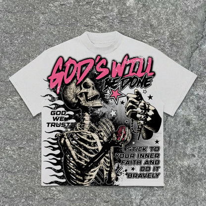 Kliff Clothing NYC white unisex graphic t-shirt with skeleton graphic, pink text 'God's Will Be Done', and inspirational quotes.