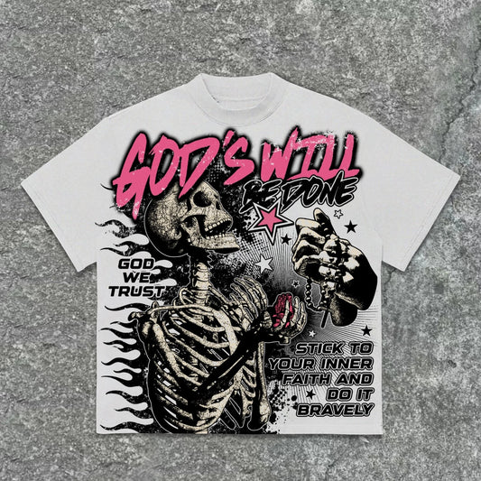 Kliff Clothing NYC white unisex graphic t-shirt with skeleton graphic, pink text 'God's Will Be Done', and inspirational quotes.