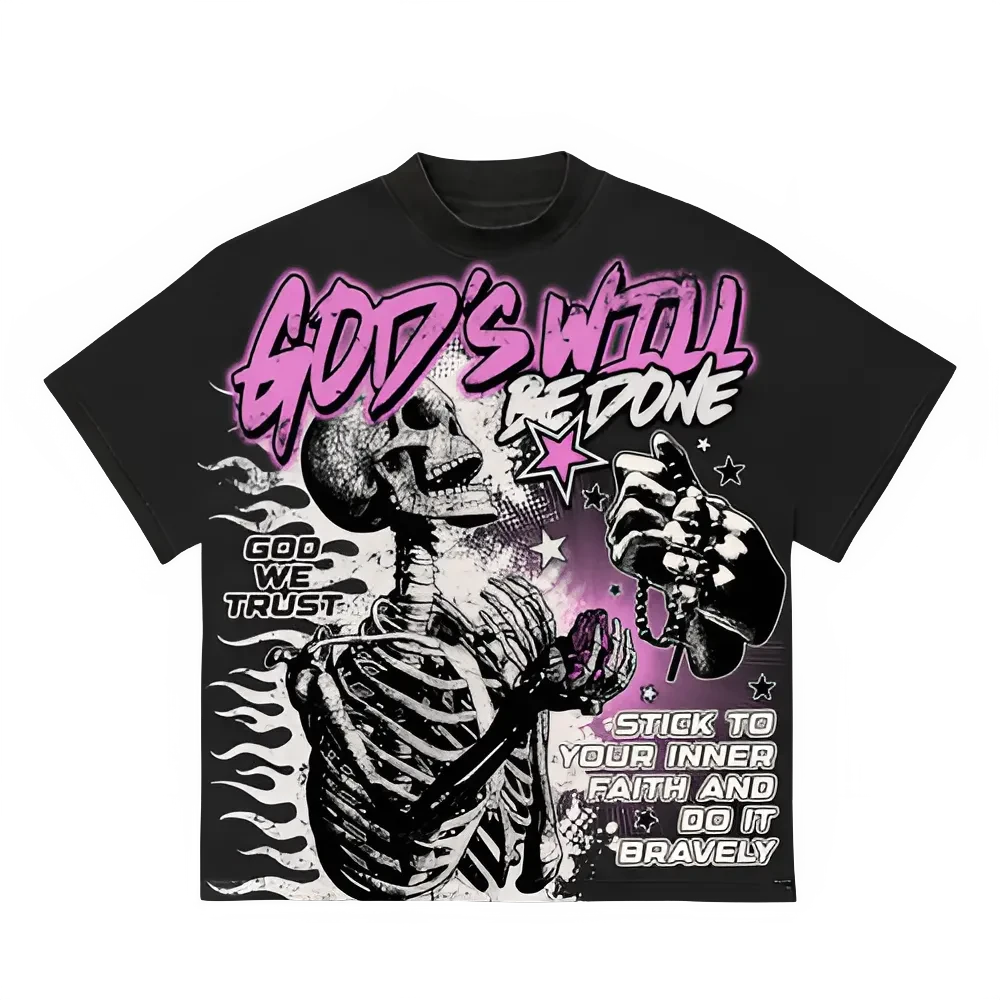Kliff Clothing NYC black unisex graphic t-shirt with skeleton, pink text "GOD'S WILL BE DONE", and religious imagery.
