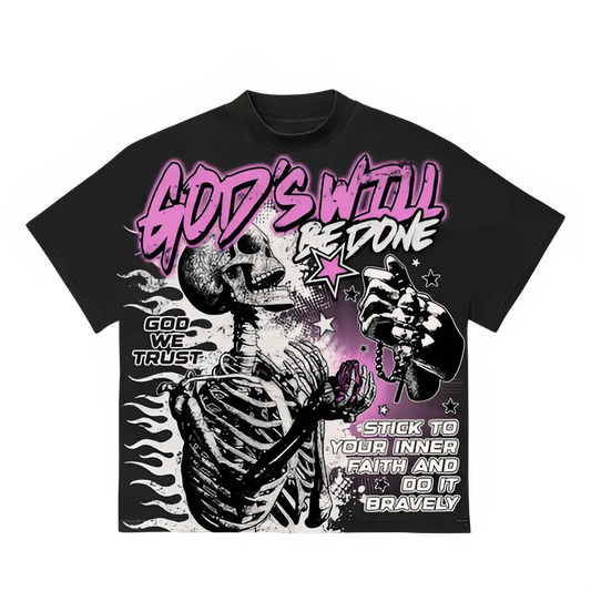 Kliff Clothing NYC black unisex graphic t-shirt with skeleton, pink text "GOD'S WILL BE DONE", and religious imagery.